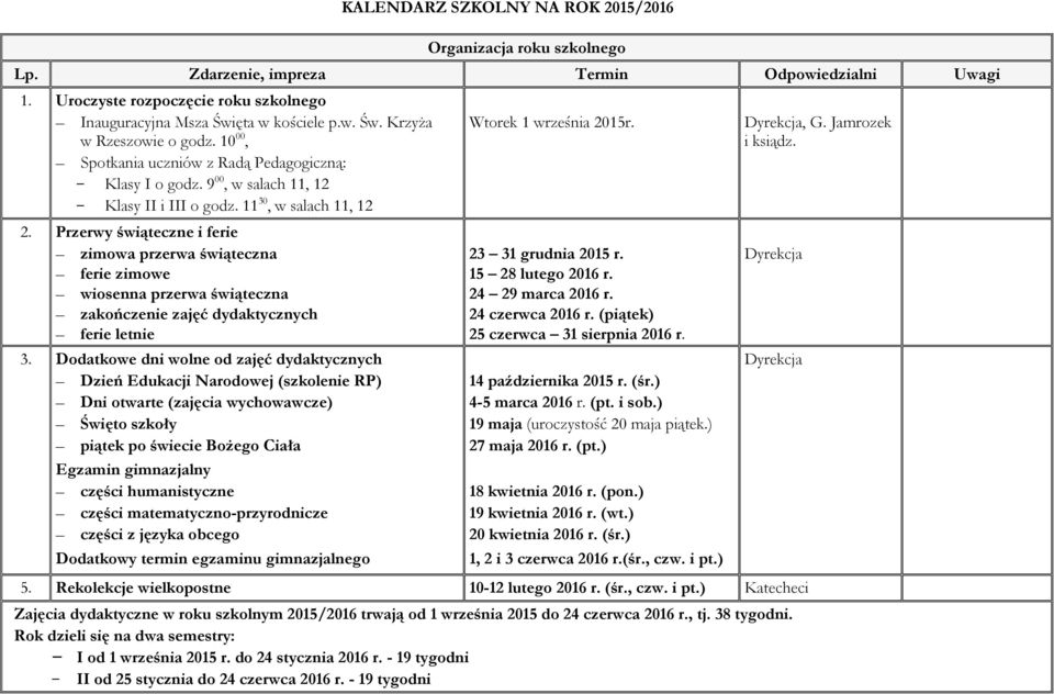 Przerwy świąteczne i ferie zimowa przerwa świąteczna ferie zimowe wiosenna przerwa świąteczna zakończenie zajęć dydaktycznych ferie letnie 3.