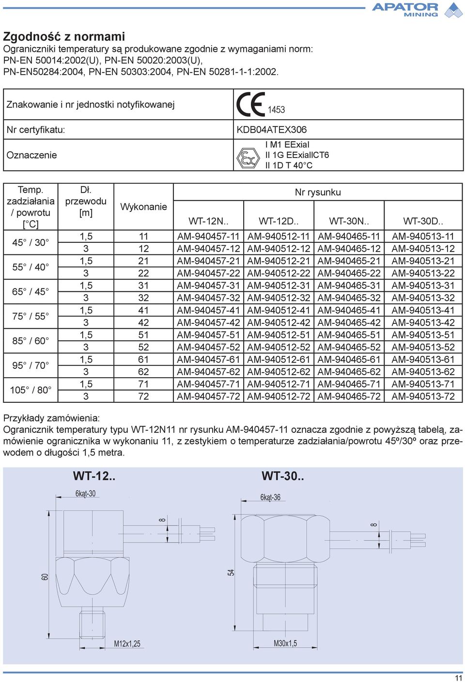 zadziałania / powrotu [ C] 45 / 30 55 / 40 65 / 45 75 / 55 85 / 60 95 / 70 105 / 80 Dł. przewodu [m] Wykonanie Nr rysunku WT-12N.. WT-12D.. WT-30N.. WT-30D.