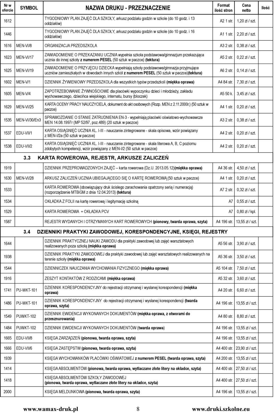 1616 MEN-VI/8 ORGANIZACJA PRZEDSZKOLA 1623 MEN-VI/17 ZAWIADOMIENIE O PRZEKAZANIU UCZNIA wypełnia szkoła podstawowa/gimnazjum przekazująca ucznia do innej szkoły z numerem PESEL (50 sztuk w paczce)