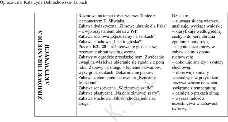 Zwrócenie uwagi na właściwe ubieranie się zgodnie z porą roku. Zabawy na śniegu lepienie bałwanów, wyścigi na sankach. Dokarmianie ptaków. Zabawa z elementem celowania Rzucamy śnieżkami.