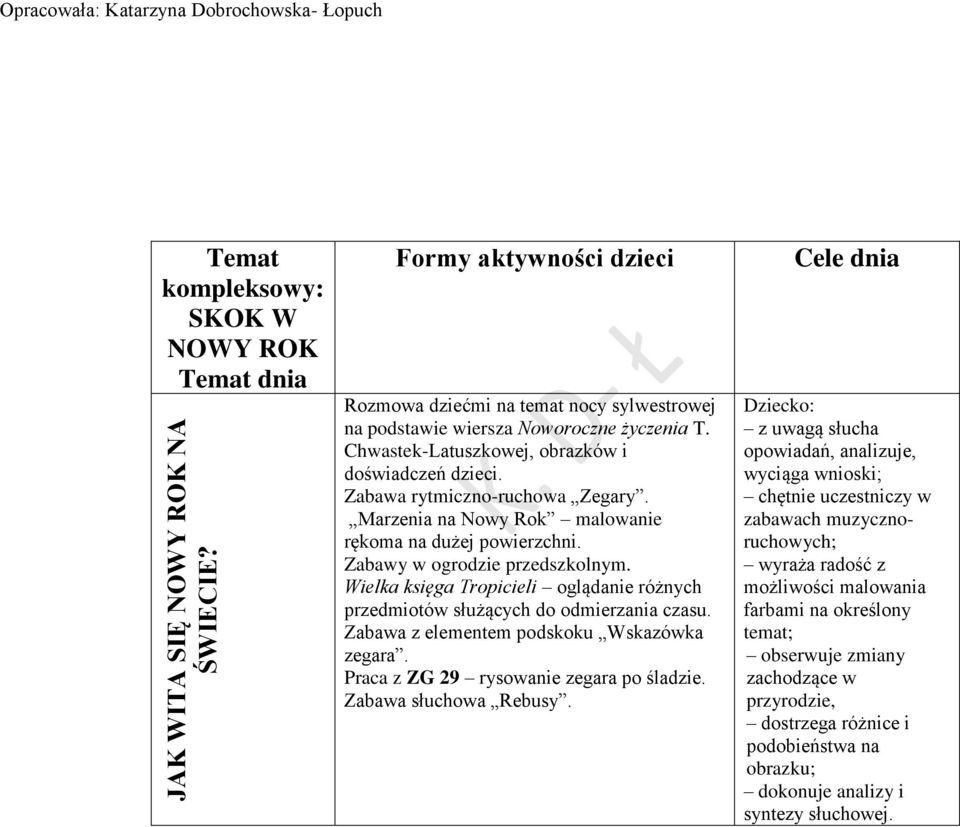 Wielka księga Tropicieli oglądanie różnych przedmiotów służących do odmierzania czasu. Zabawa z elementem podskoku Wskazówka zegara. Praca z ZG 29 rysowanie zegara po śladzie. Zabawa słuchowa Rebusy.