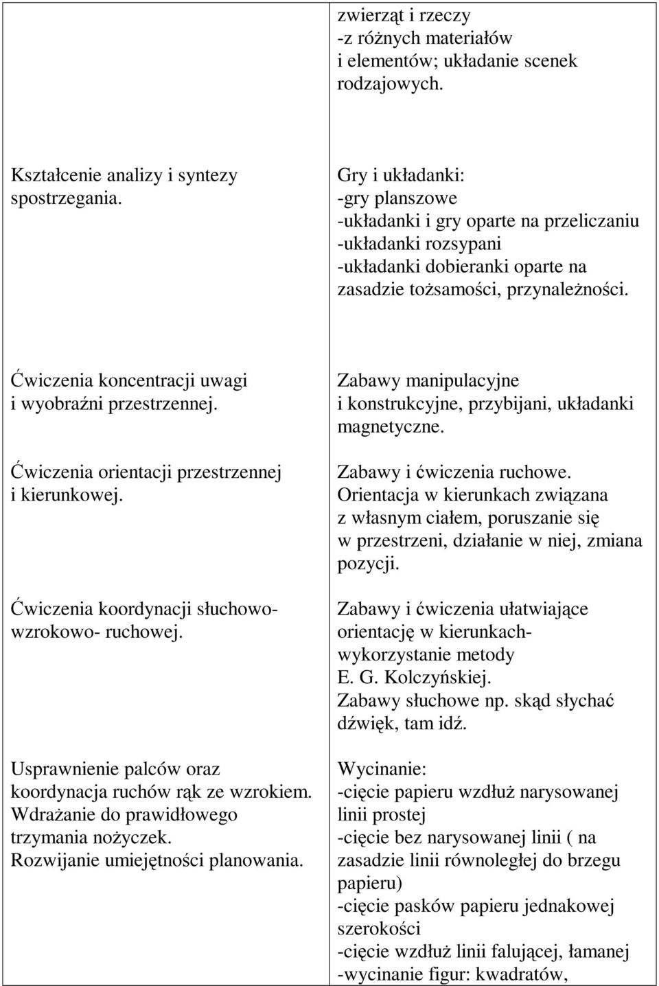 Ćwiczenia koncentracji uwagi i wyobraźni przestrzennej. Ćwiczenia orientacji przestrzennej i kierunkowej. Ćwiczenia koordynacji słuchowowzrokowo- ruchowej.