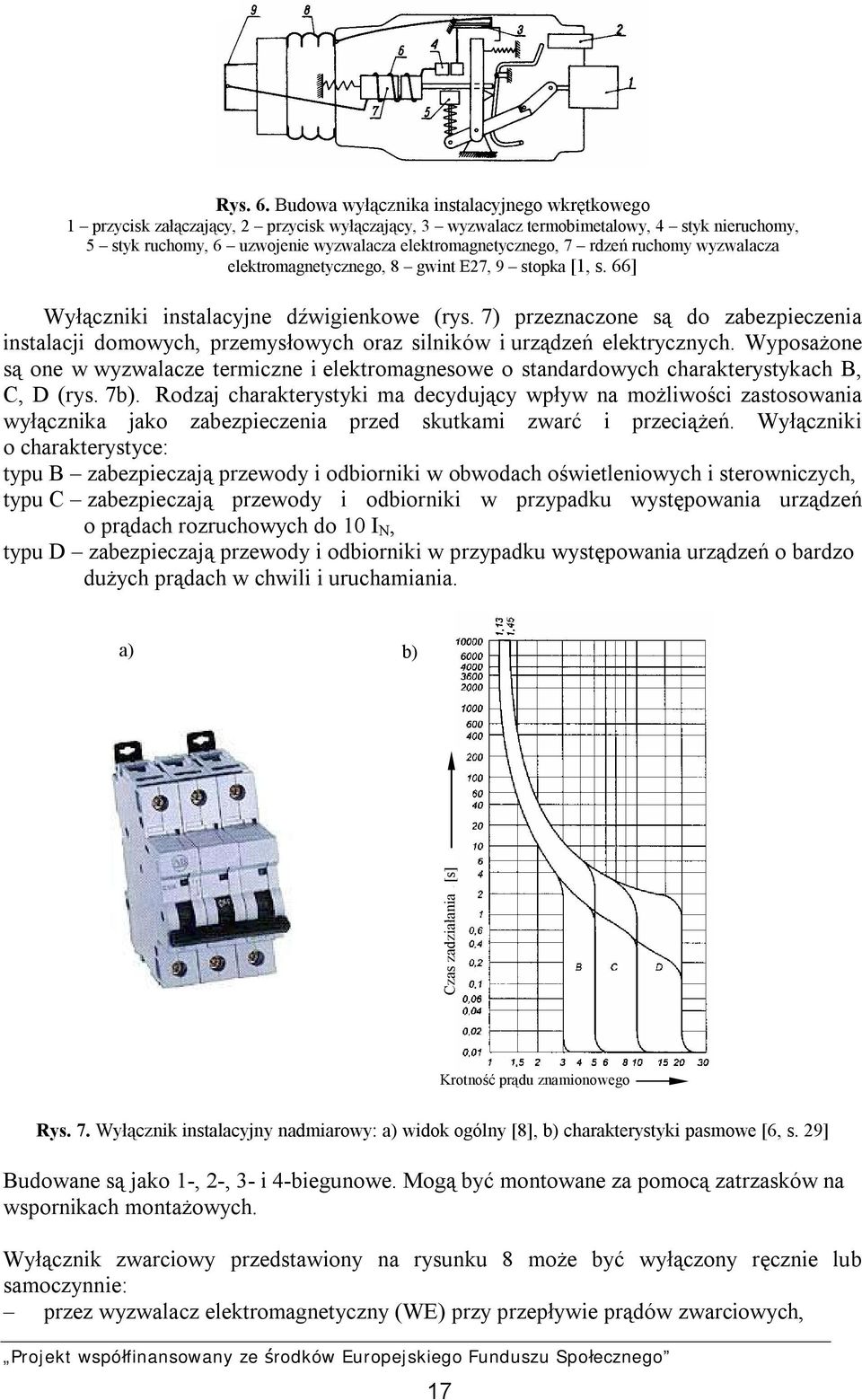 elektromagnetycznego, 7 rdzeń ruchomy wyzwalacza elektromagnetycznego, 8 gwint E27, 9 stopka [1, s. 66] Wyłączniki instalacyjne dźwigienkowe (rys.