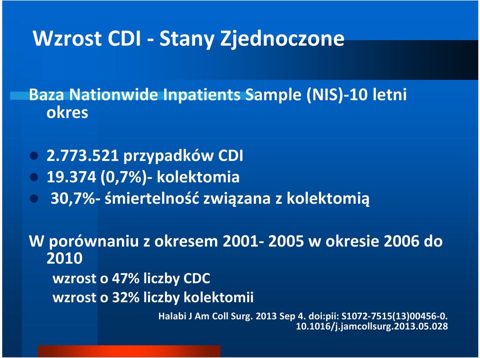 374 (0,7%)- kolektomia 30,7%- śmiertelność związana z kolektomią W porównaniu z okresem