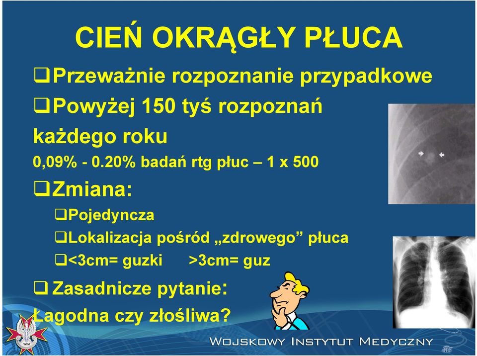 20% badań rtg płuc 1 x 500 Zmiana: Pojedyncza Lokalizacja