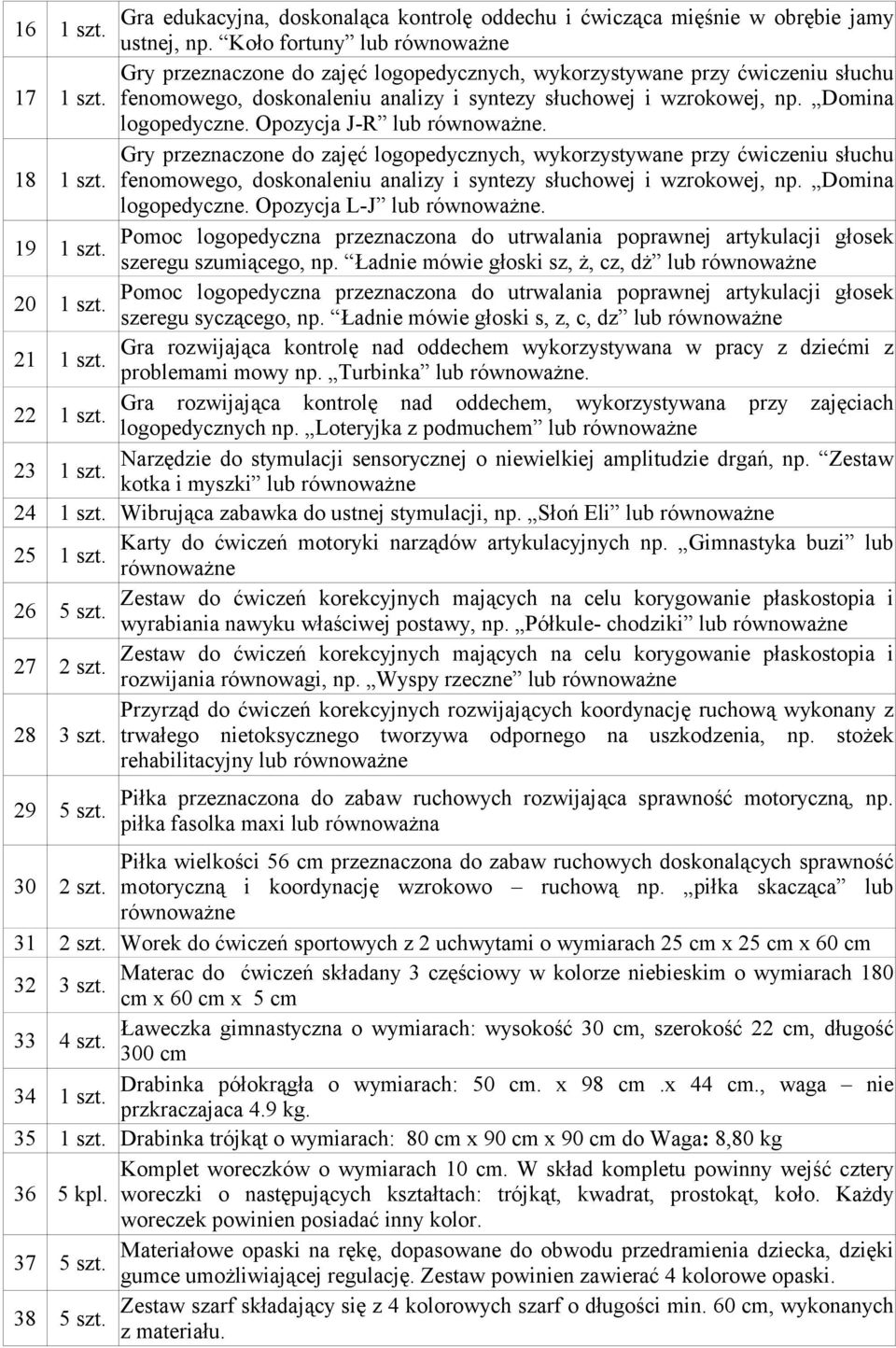 Opozycja J-R lub. Gry przeznaczone do zajęć logopedycznych, wykorzystywane przy ćwiczeniu słuchu 18 1 szt. fenomowego, doskonaleniu analizy i syntezy słuchowej i wzrokowej, np. Domina logopedyczne.