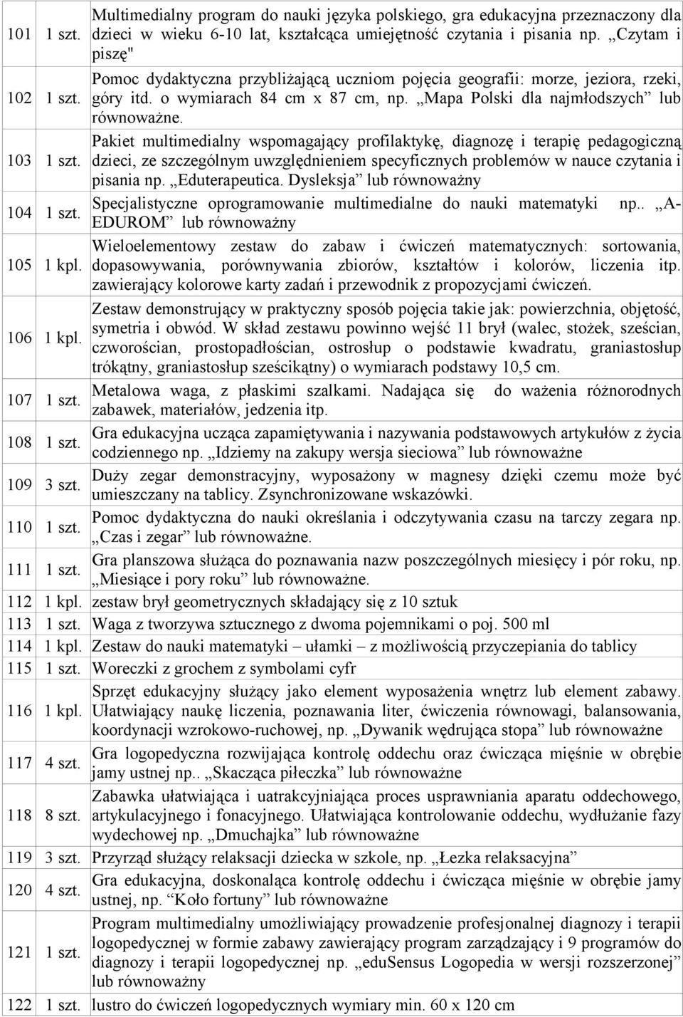 Pakiet multimedialny wspomagający profilaktykę, diagnozę i terapię pedagogiczną 103 1 szt. dzieci, ze szczególnym uwzględnieniem specyficznych problemów w nauce czytania i pisania np. Eduterapeutica.