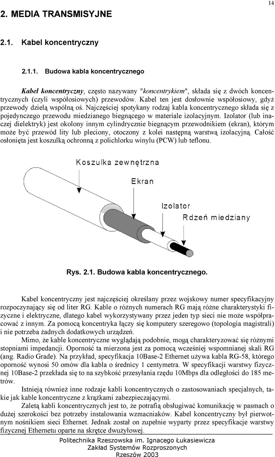 Najczęściej spotykany rodzaj kabla koncentrycznego składa się z pojedynczego przewodu miedzianego biegnącego w materiale izolacyjnym.
