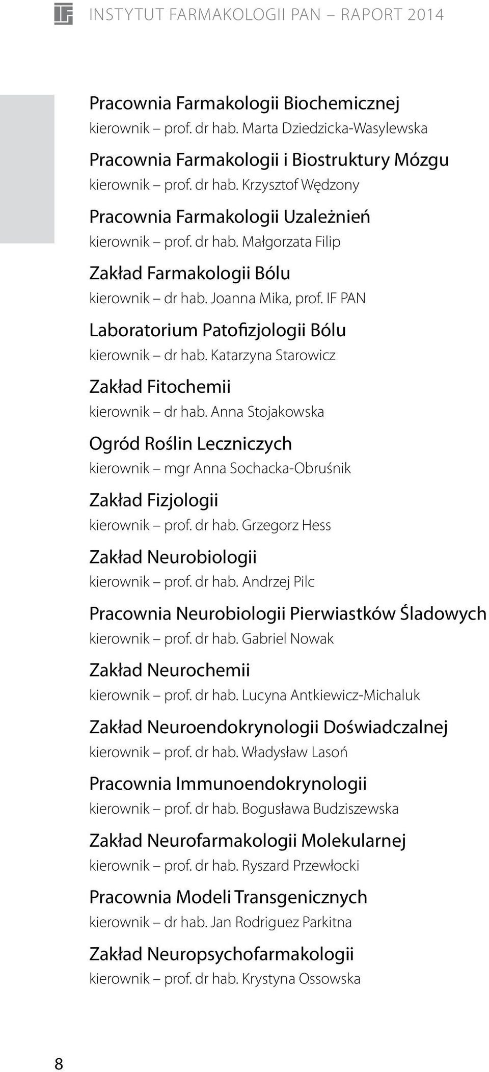 Anna Stojakowska Ogród Roślin Leczniczych kierownik mgr Anna Sochacka-Obruśnik Zakład Fizjologii kierownik prof. dr hab. Grzegorz Hess Zakład Neurobiologii kierownik prof. dr hab. Andrzej Pilc Pracownia Neurobiologii Pierwiastków Śladowych kierownik prof.