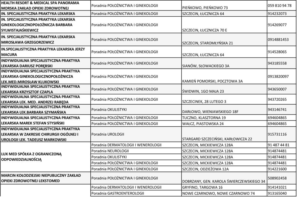 SPECJALISTYCZNA PRAKTYKA LEKARSKA JERZY MACURA INDYWIDUALNA SPECJALISTYCZNA PRAKTYKA LEKARSKA DARIUSZ PORĘBSKI INDYWIDUALNA SPECJALISTYCZNA PRAKTYKA LEKARSKA GINEKOLOGICZNOPOŁOŻNICZA LEK.MED.