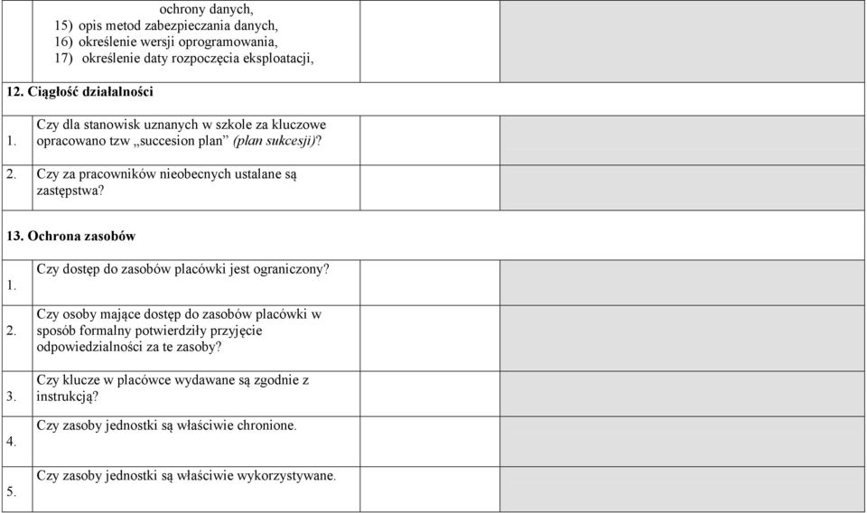 Ochrona zasobów 1. 2. 3. 4. 5. Czy dostęp do zasobów placówki jest ograniczony?