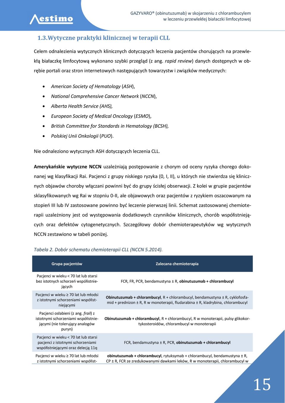 Network (NCCN), Alberta Health Service (AHS), European Society of Medical Oncology (ESMO), British Committee for Standards in Hematology (BCSH), Polskiej Unii Onkologii (PUO).