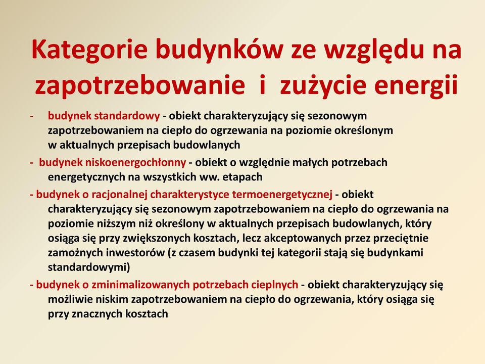 etapach - budynek o racjonalnej charakterystyce termoenergetycznej - obiekt charakteryzujący się sezonowym zapotrzebowaniem na ciepło do ogrzewania na poziomie niższym niż określony w aktualnych