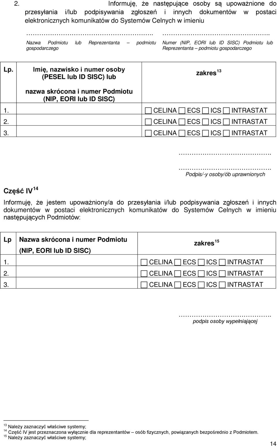 Imię, nazwisko i numer osoby (PESEL lub ID SISC) lub zakres 13 nazwa skrócona i numer Podmiotu (NIP, EORI lub ID SISC) 1. CELINA ECS ICS INTRASTAT 2. CELINA ECS ICS INTRASTAT 3.