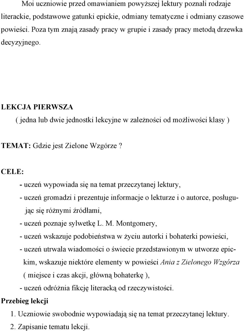 LEKCJA PIERWSZA ( jedna lub dwie jednostki lekcyjne w zależności od możliwości klasy ) TEMAT: Gdzie jest Zielone Wzgórze?