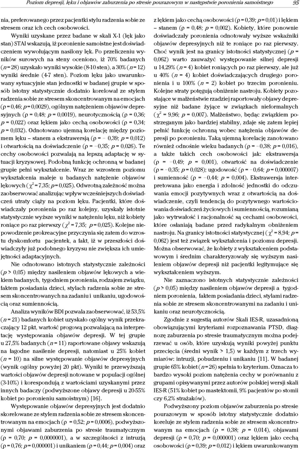Po przeliczeniu wyników surowych na steny oceniono, iż 70% badanych (n = 28) uzyskało wyniki wysokie (8-10 sten), a 30% (n = 12) wyniki średnie (4-7 sten).