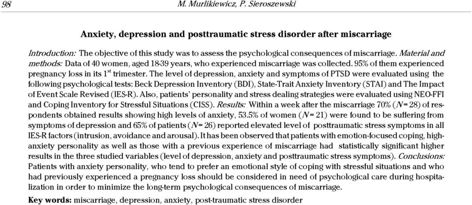 Material and methods: Data of 40 women, aged 18-39 years, who experienced miscarriage was collected. 95% of them experienced pregnancy loss in its 1 st trimester.