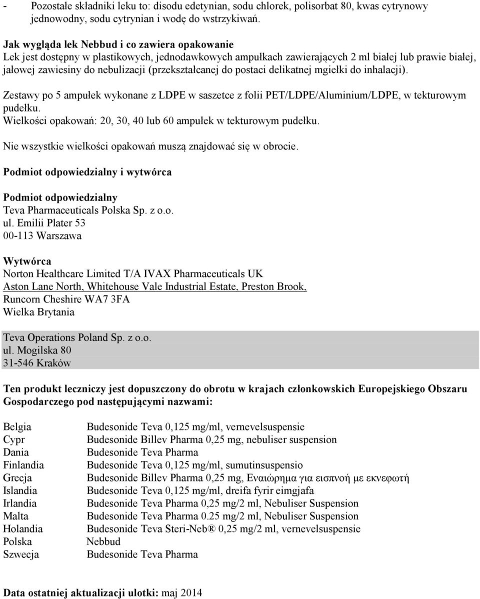 (przekształcanej do postaci delikatnej mgiełki do inhalacji). Zestawy po 5 ampułek wykonane z LDPE w saszetce z folii PET/LDPE/Aluminium/LDPE, w tekturowym pudełku.