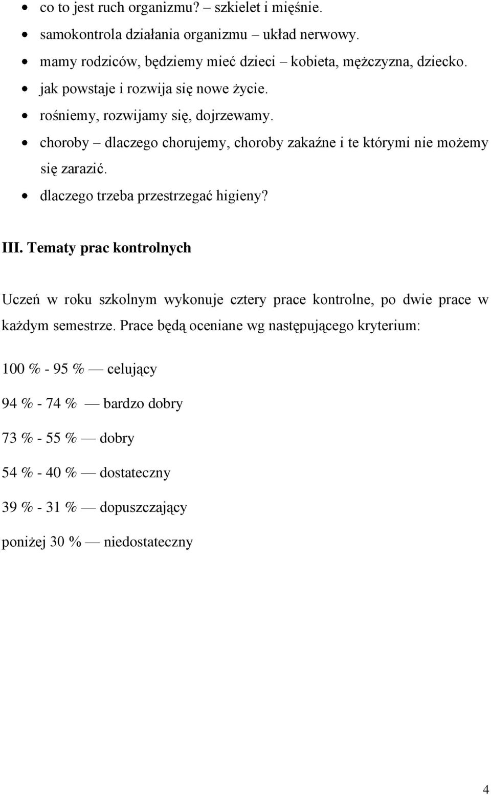 dlaczego trzeba przestrzegać higieny? III. Tematy prac kontrolnych Uczeń w roku szkolnym wykonuje cztery prace kontrolne, po dwie prace w każdym semestrze.