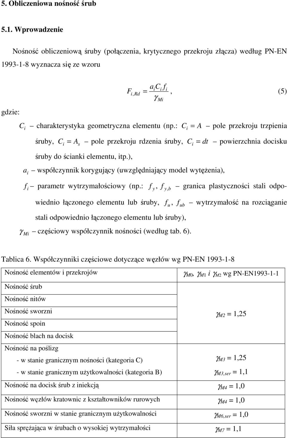 : śruby, i s f i i i i, Rd, (5) γ Mi C i = A pole przekroju trzpienia C = A pole przekroju rdzenia śruby, C i = dt powierzchnia docisku śruby do ścianki elementu, itp.