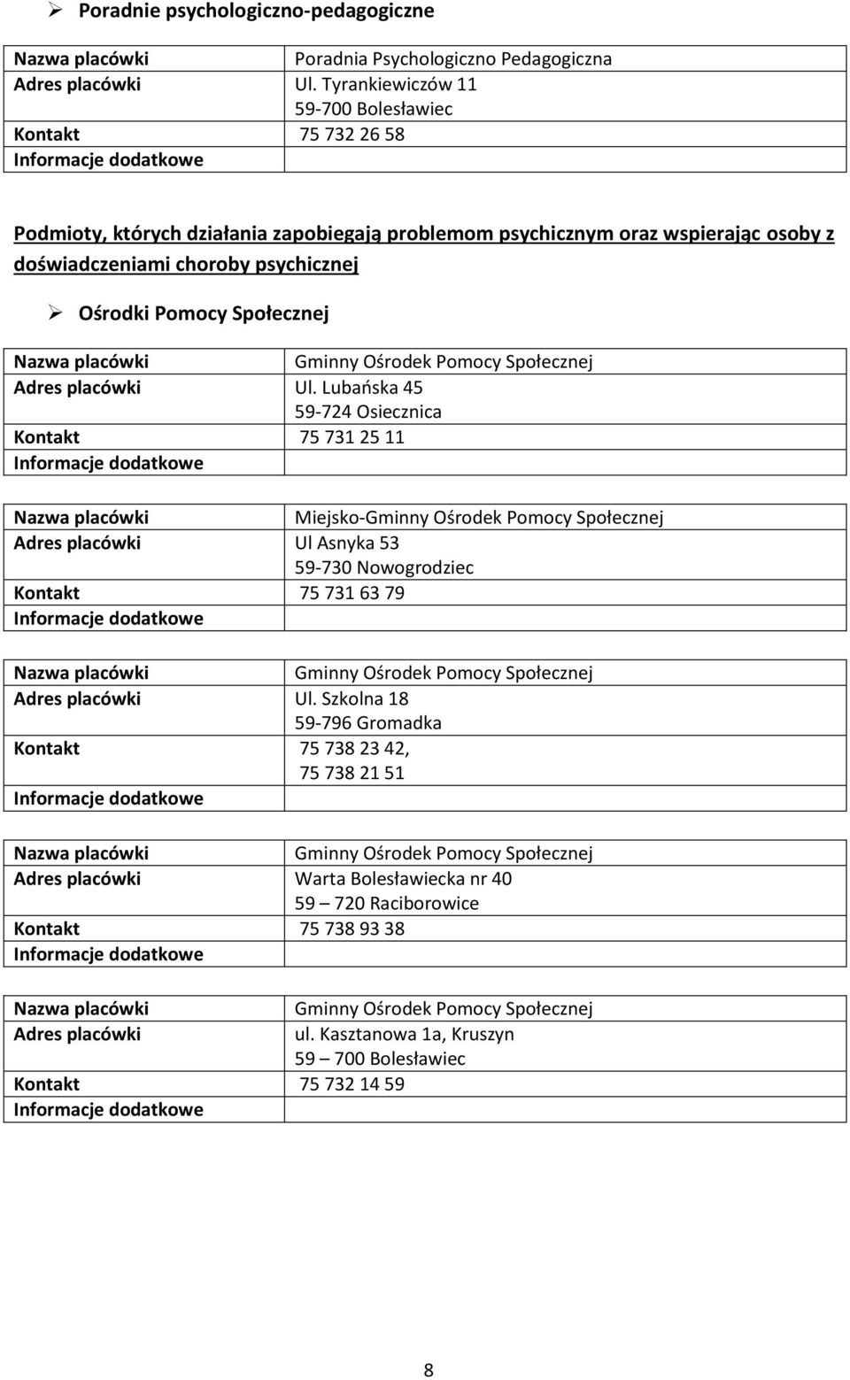 Społecznej Gminny Ośrodek Pomocy Społecznej Adres placówki Ul.