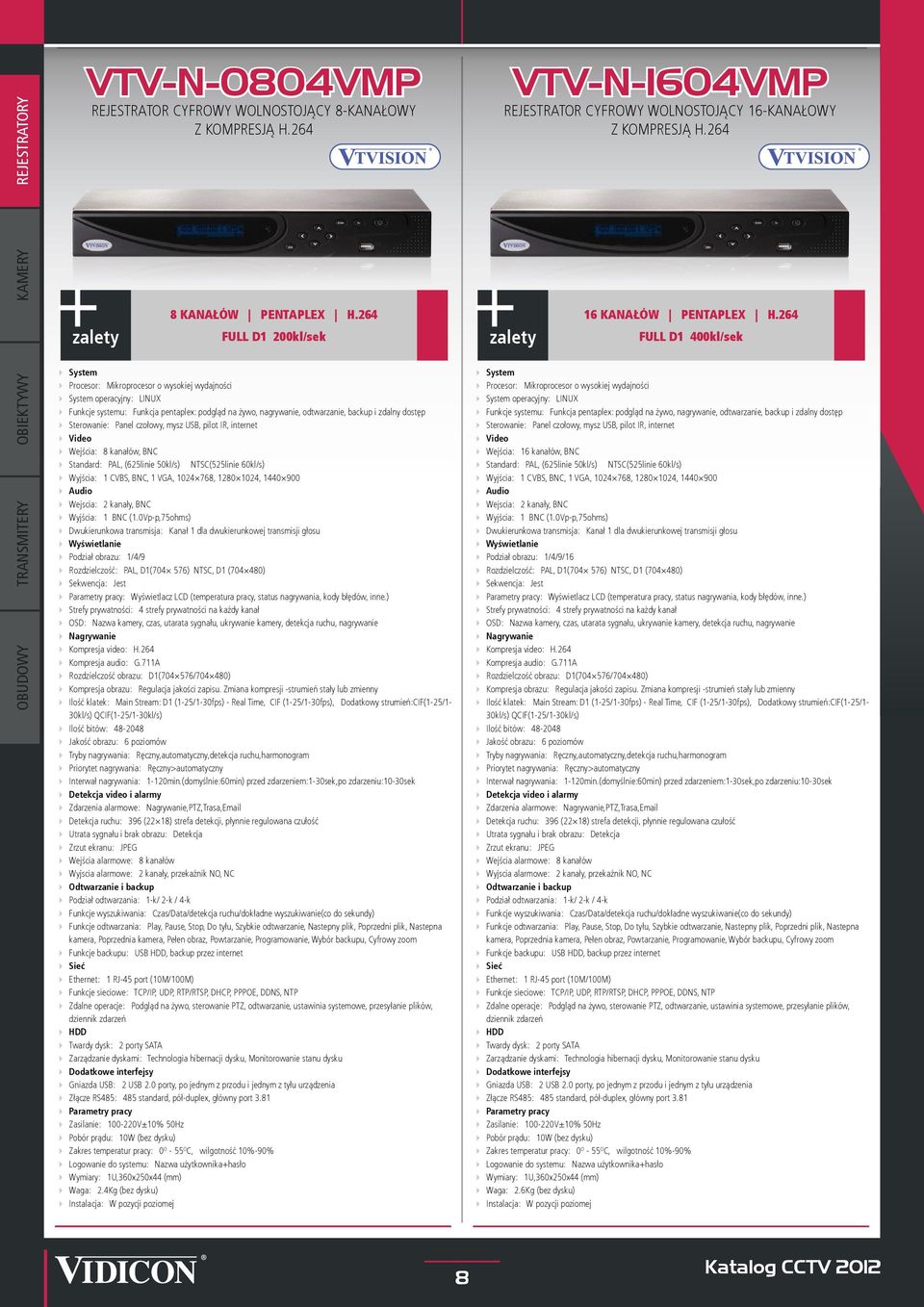 264 FULL D1 400kl/sek OBIEKTYWY TRANSMITERY System Procesor: Mikroprocesor o wysokiej wydajności System operacyjny: LINUX Funkcje systemu: Funkcja pentaplex: podgląd na żywo, nagrywanie, odtwarzanie,