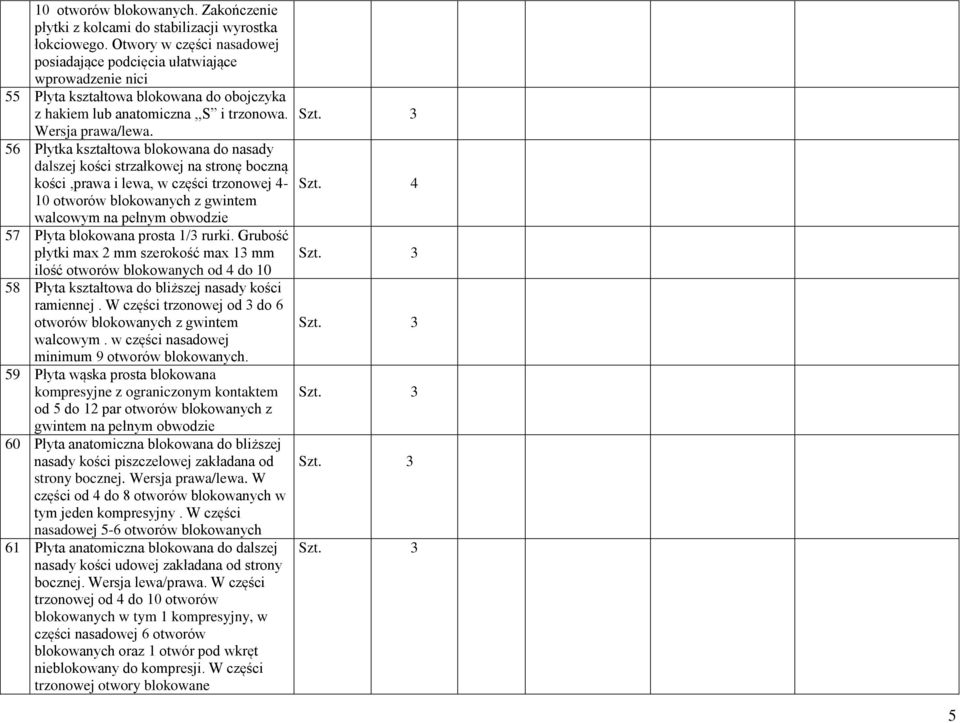 56 Płytka kształtowa blokowana do nasady dalszej kości strzałkowej na stronę boczną kości,prawa i lewa, w części trzonowej 4-4 0 otworów blokowanych z gwintem walcowym na pełnym obwodzie 57 Płyta