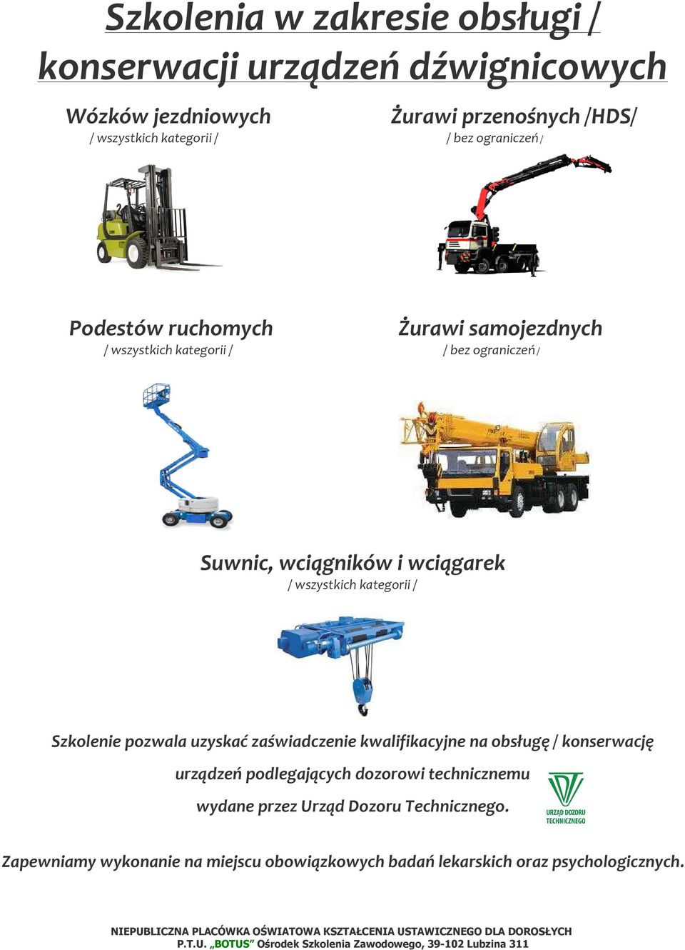 wszystkich kategorii / Szkolenie pozwala uzyskać zaświadczenie kwalifikacyjne na obsługę / konserwację urządzeń podlegających dozorowi