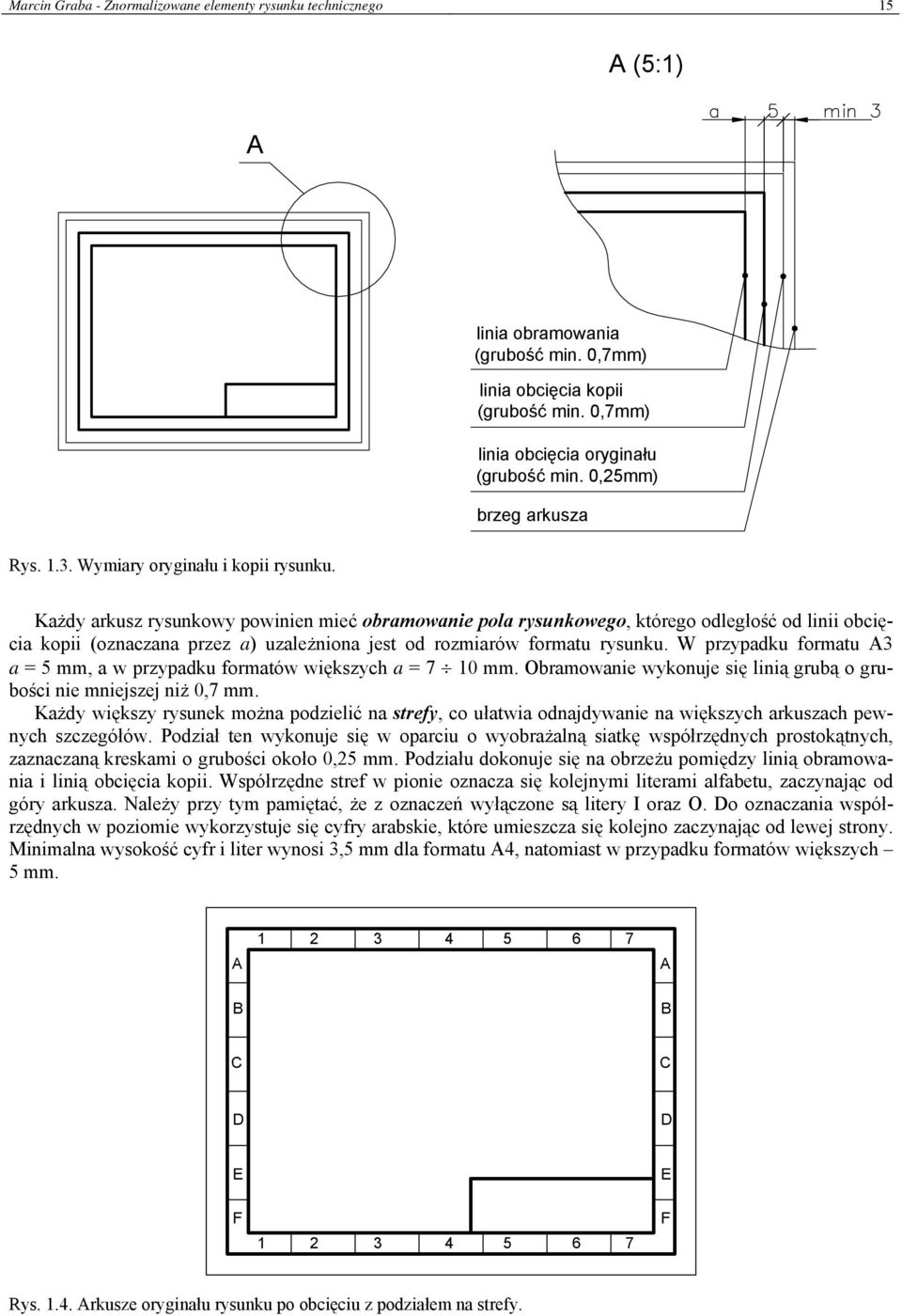Każdy arkusz rysunkowy powinien mieć obramowanie pola rysunkowego, którego odległość od linii obcięcia kopii (oznaczana przez a) uzależniona jest od rozmiarów formatu rysunku.