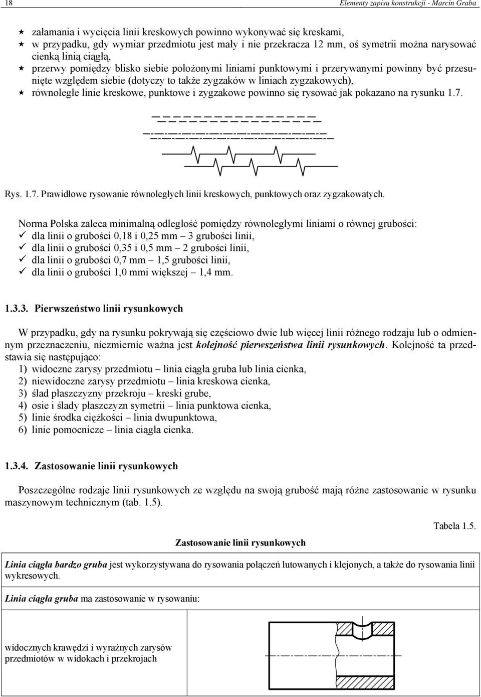 zygzakowych), równoległe linie kreskowe, punktowe i zygzakowe powinno się rysować jak pokazano na rysunku 1.7. Rys. 1.7. Prawidłowe rysowanie równoległych linii kreskowych, punktowych oraz zygzakowatych.