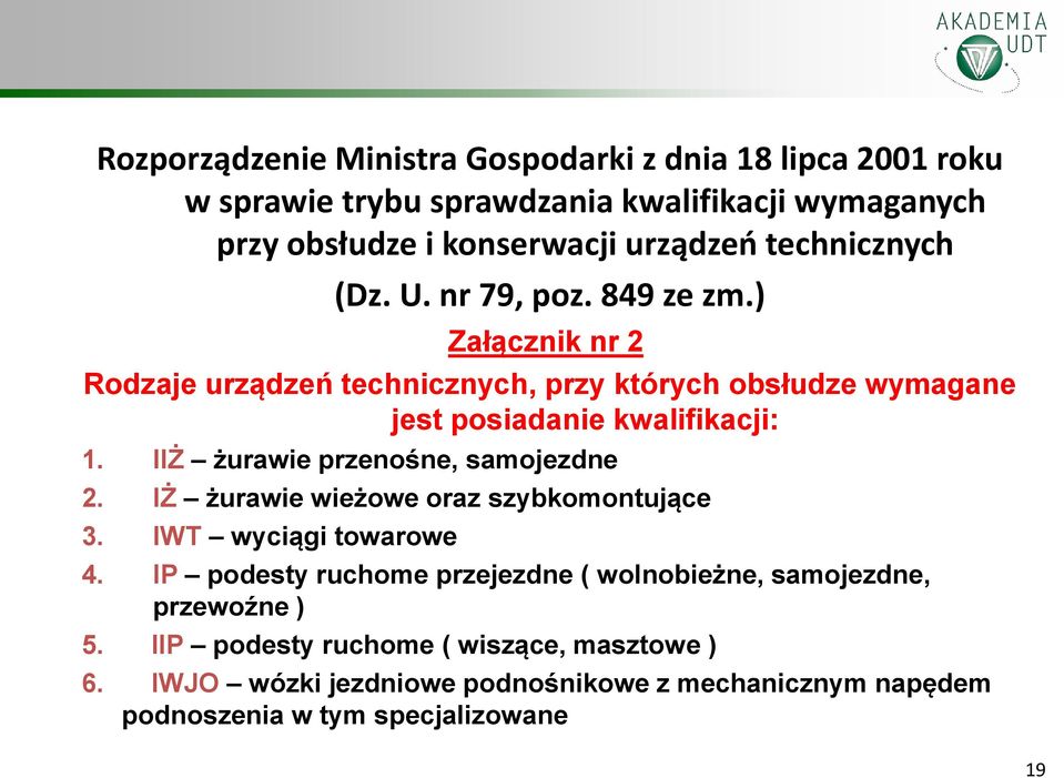 IIŻ żurawie przenośne, samojezdne 2. IŻ żurawie wieżowe oraz szybkomontujące 3. IWT wyciągi towarowe 4.