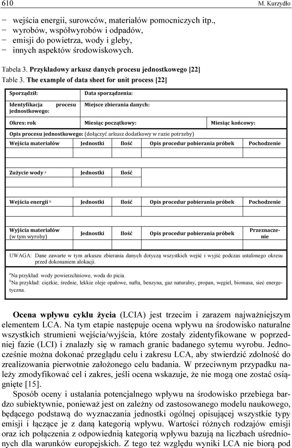The example of data sheet for unit process [22] Sporządził: Identyfikacja jednostkowego: procesu Data sporządzenia: Miejsce zbierania danych: Okres: rok Miesiąc początkowy: Miesiąc końcowy: Opis