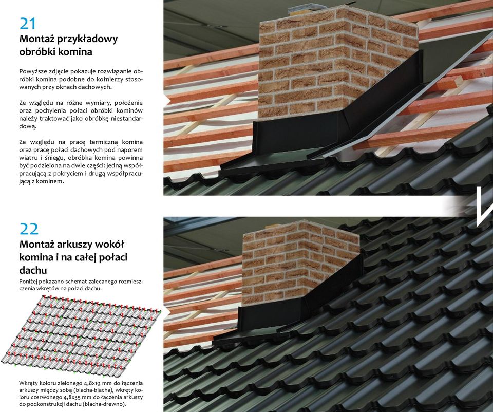 Ze względu na pracę termiczną komina oraz pracę połaci dachowych pod naporem wiatru i śniegu, obróbka komina powinna być podzielona na dwie części: jedną współpracującą z pokryciem i drugą