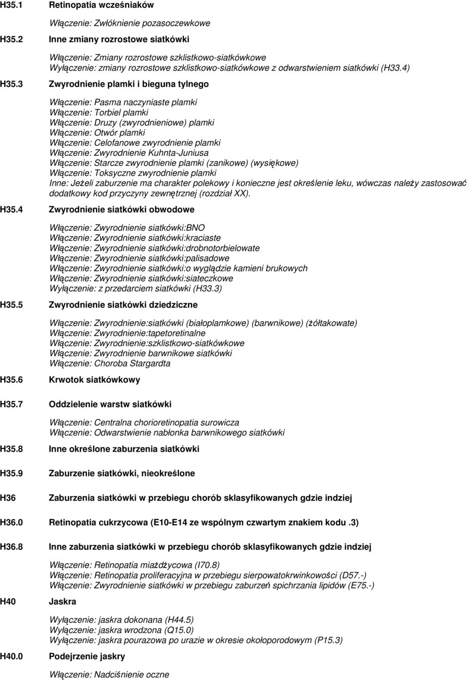 3 Zwyrodnienie plamki i bieguna tylnego Włączenie: Pasma naczyniaste plamki Włączenie: Torbiel plamki Włączenie: Druzy (zwyrodnieniowe) plamki Włączenie: Otwór plamki Włączenie: Celofanowe