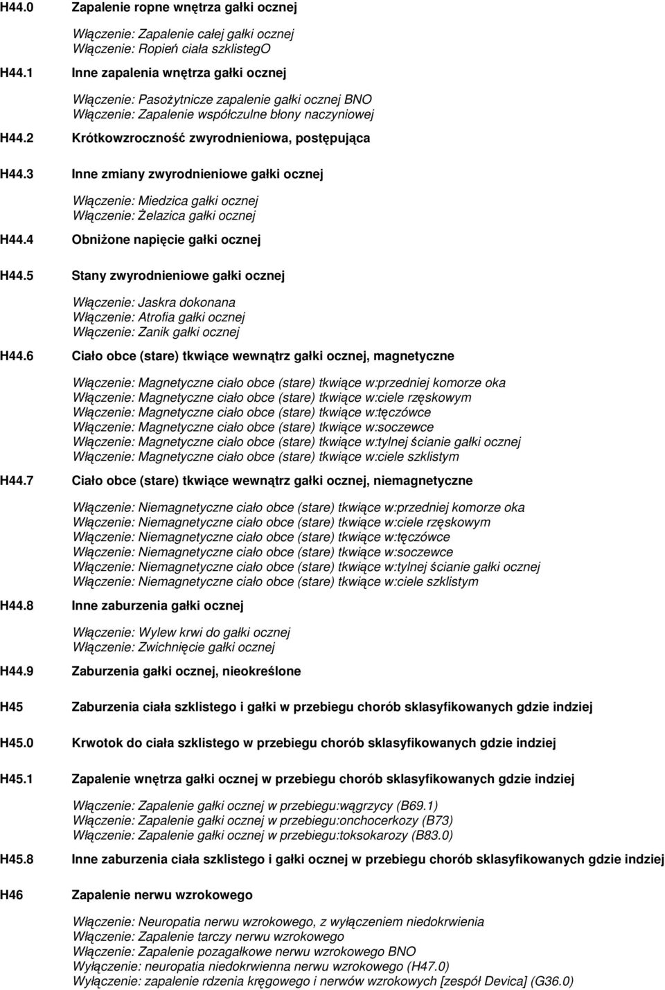 3 Inne zmiany zwyrodnieniowe gałki ocznej Włączenie: Miedzica gałki ocznej Włączenie: Żelazica gałki ocznej H44.4 Obniżone napięcie gałki ocznej H44.