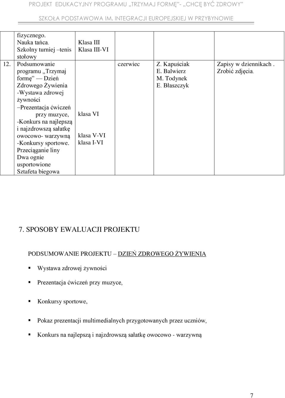 warzywną -Konkursy sportowe. Przeciąganie liny Dwa ognie usportowione Sztafeta biegowa Klasa III Klasa III-VI klasa V-VI klasa I-VI czerwiec E. Balwierz M. Todynek E.