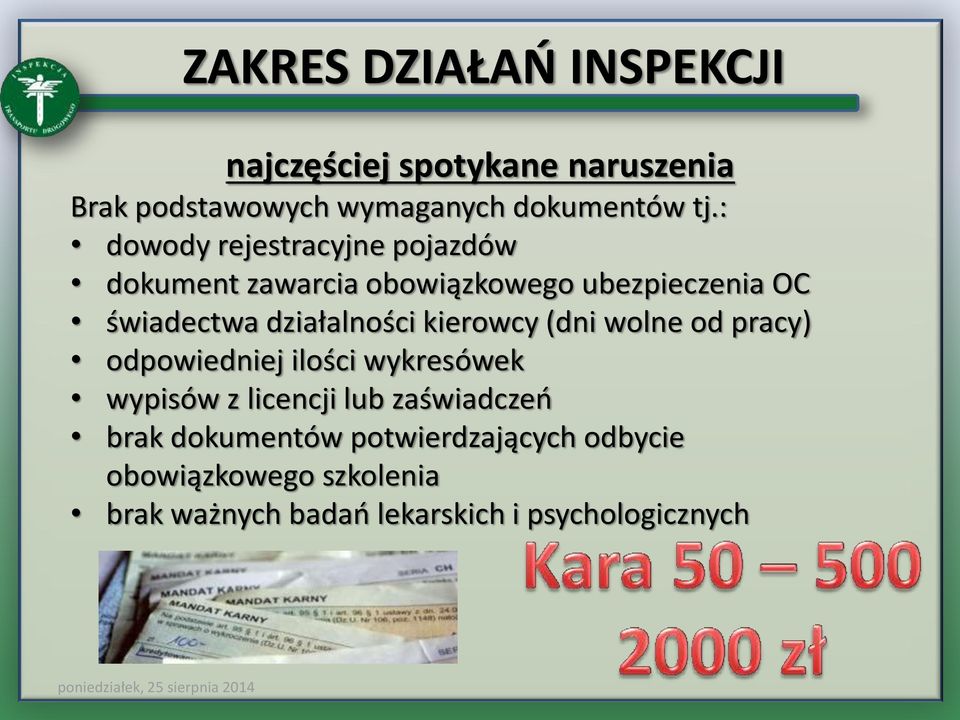 działalności kierowcy (dni wolne od pracy) odpowiedniej ilości wykresówek wypisów z licencji lub