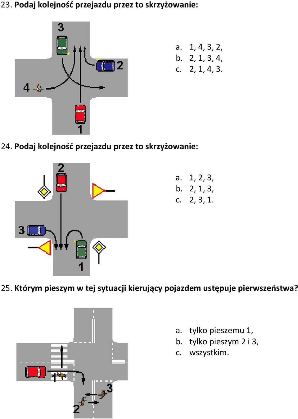 Podaj kolejność przejazdu przez to skrzyżowanie: a. 1, 2, 3, b. 2, 1, 3, c.