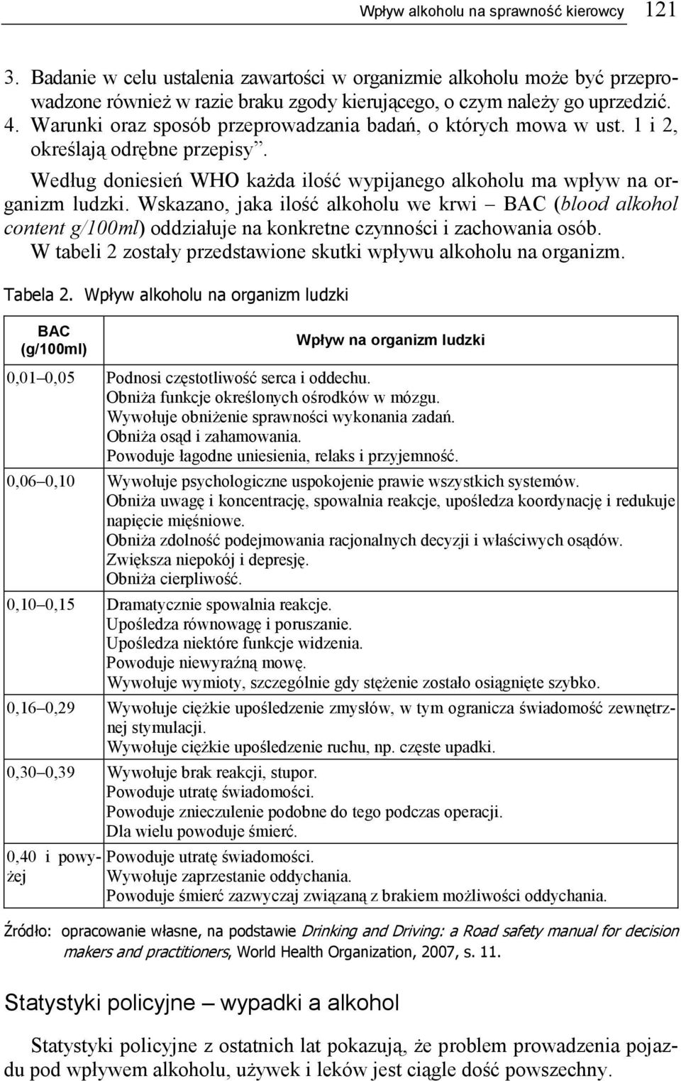 Wskazano, jaka ilość alkoholu we krwi BAC (blood alkohol content g/100ml) oddziałuje na konkretne czynności i zachowania osób. W tabeli 2 zostały przedstawione skutki wpływu alkoholu na organizm.