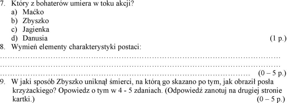 Wymień elementy charakterystyki postaci: (0 5 p.) 9.