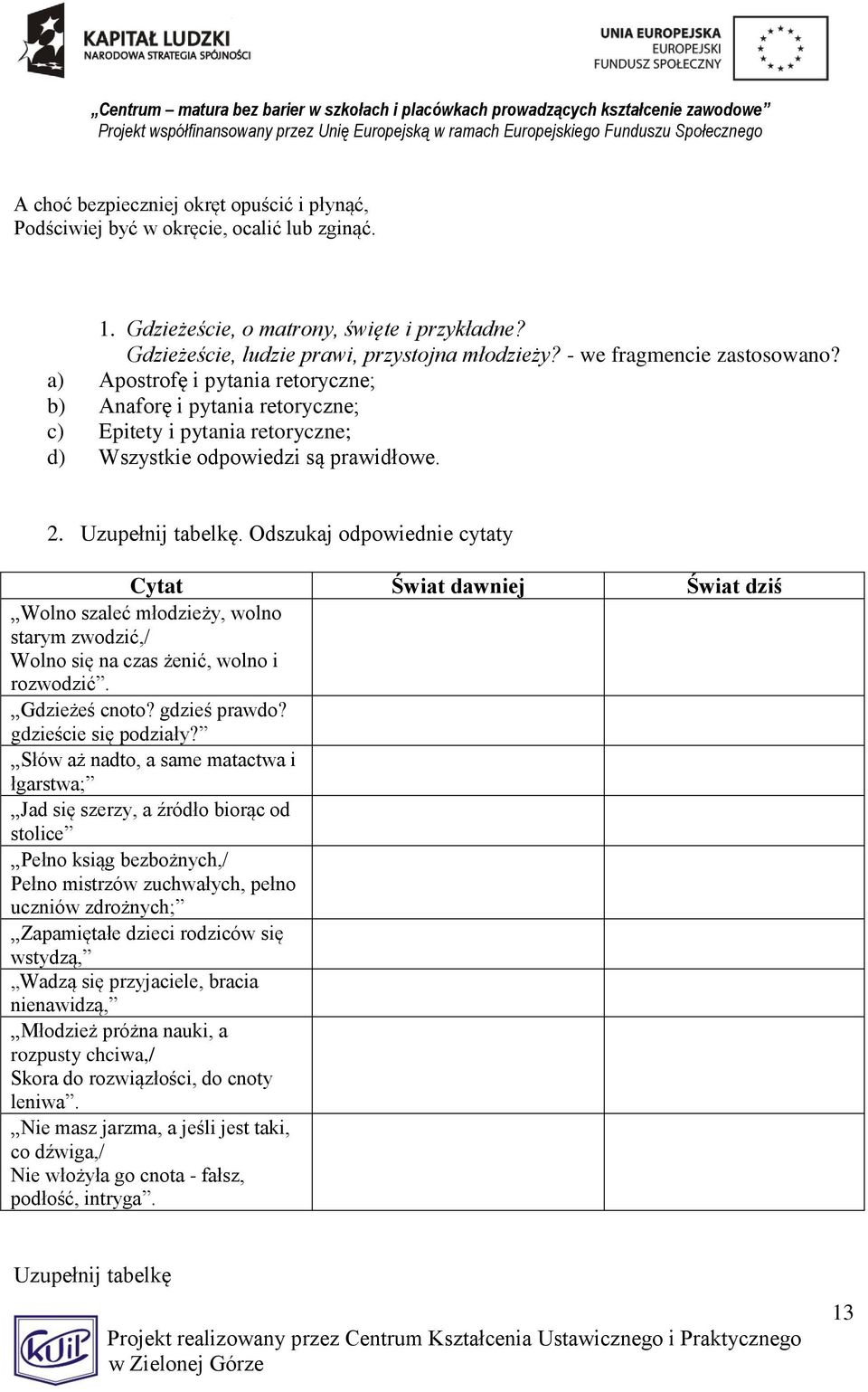 Odszukaj odpowiednie cytaty Cytat Świat dawniej Świat dziś Wolno szaleć młodzieży, wolno starym zwodzić,/ Wolno się na czas żenić, wolno i rozwodzić. Gdzieżeś cnoto? gdzieś prawdo?