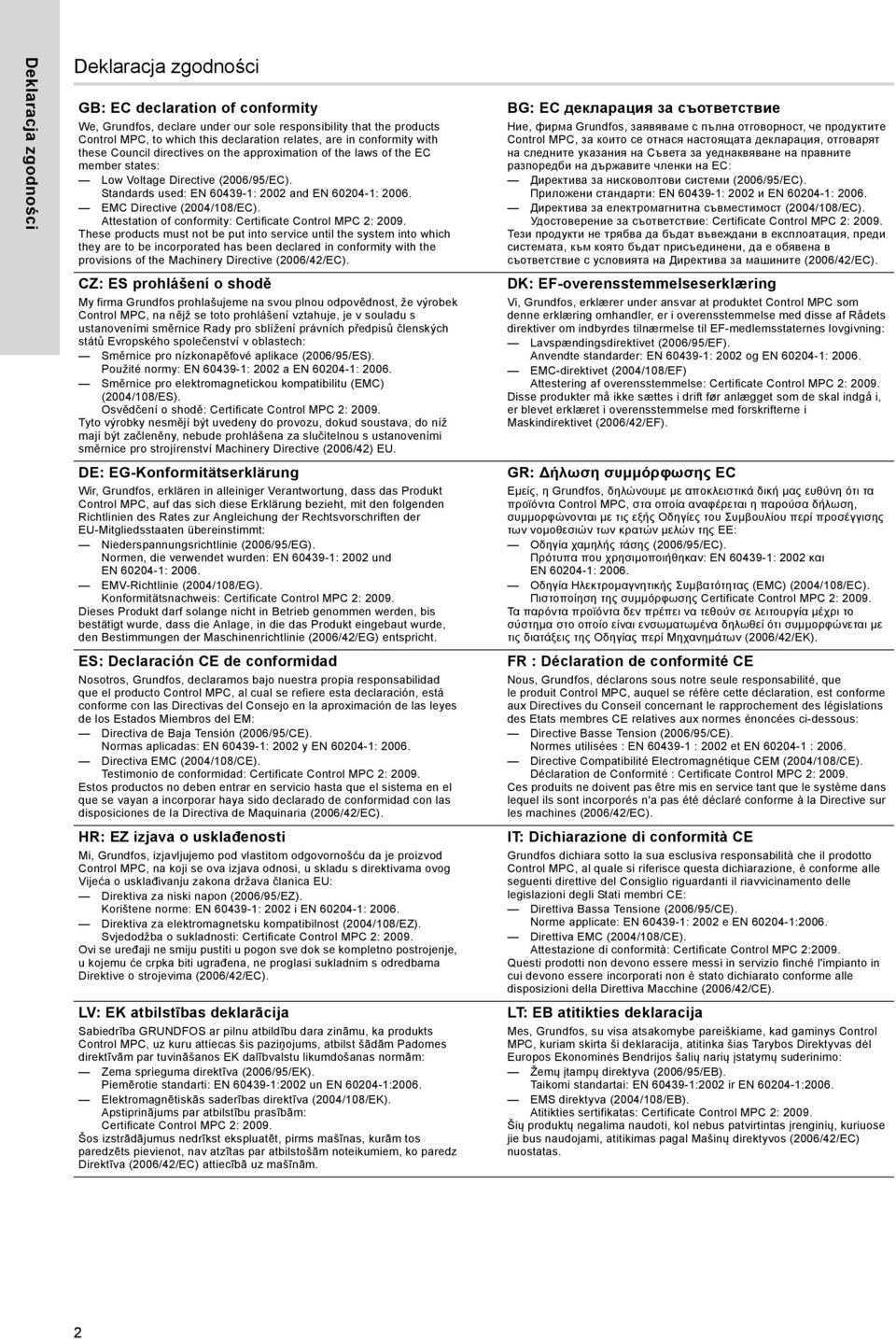 EMC Directive (2004/108/EC). Attestation of conformity: Certificate Control MPC 2: 2009.