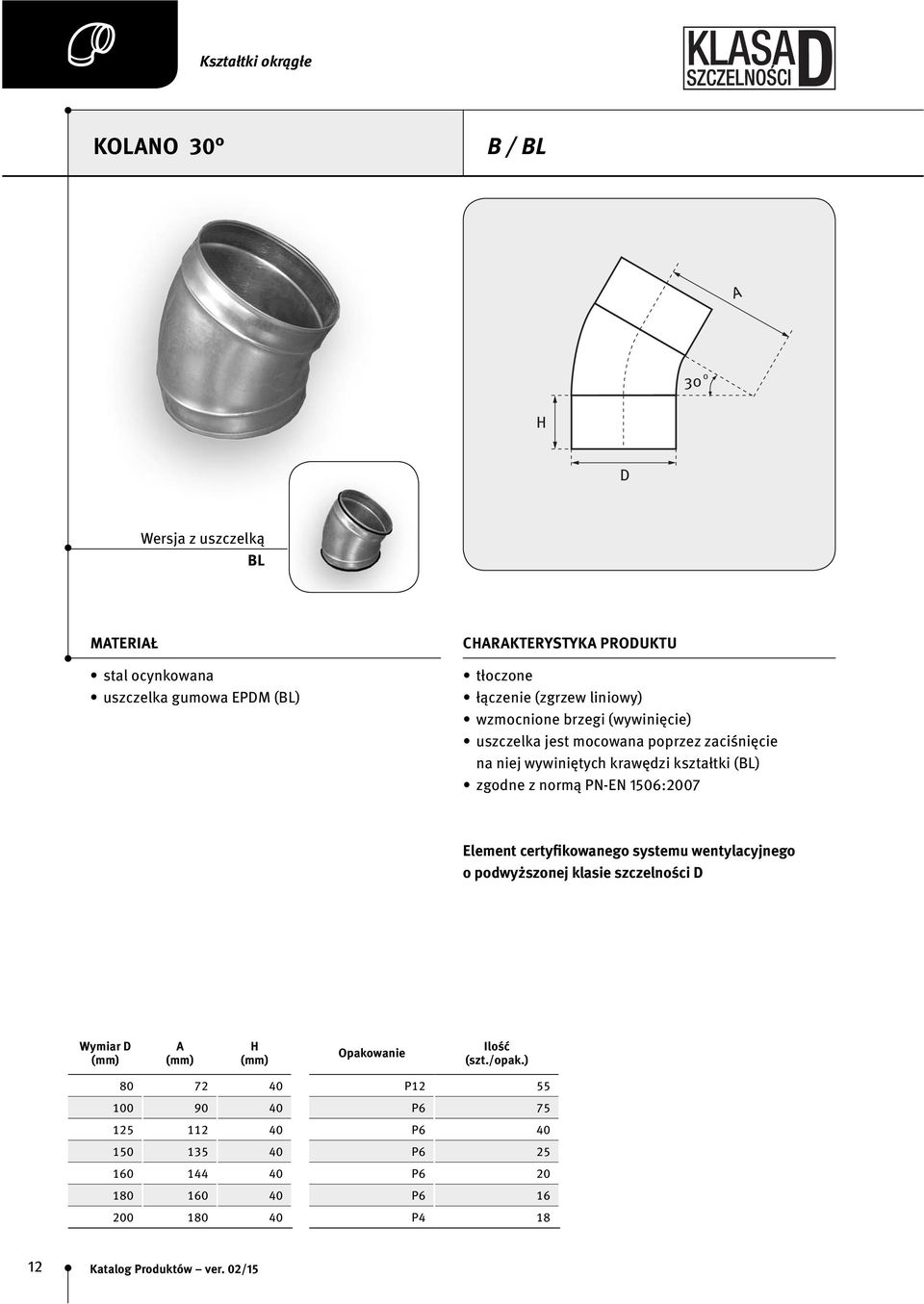 (BL) zgodne z normą PN-EN 1506:2007 Element certyfikowanego systemu wentylacyjnego o podwyższonej klasie szczelności D Wymiar D A H Opakowanie Ilość