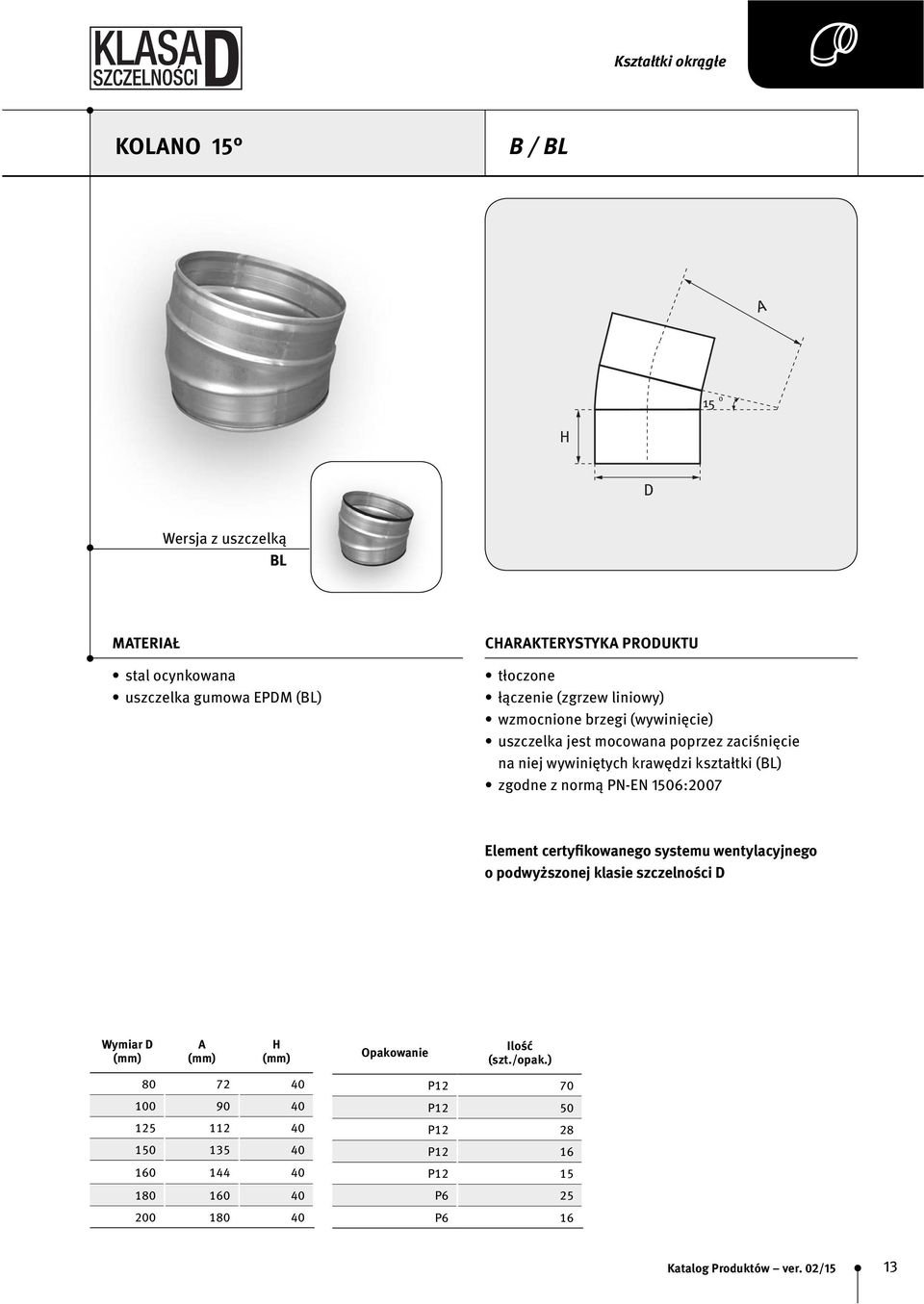 (BL) zgodne z normą PN-EN 1506:2007 Element certyfikowanego systemu wentylacyjnego o podwyższonej klasie szczelności D Wymiar D A H Opakowanie Ilość