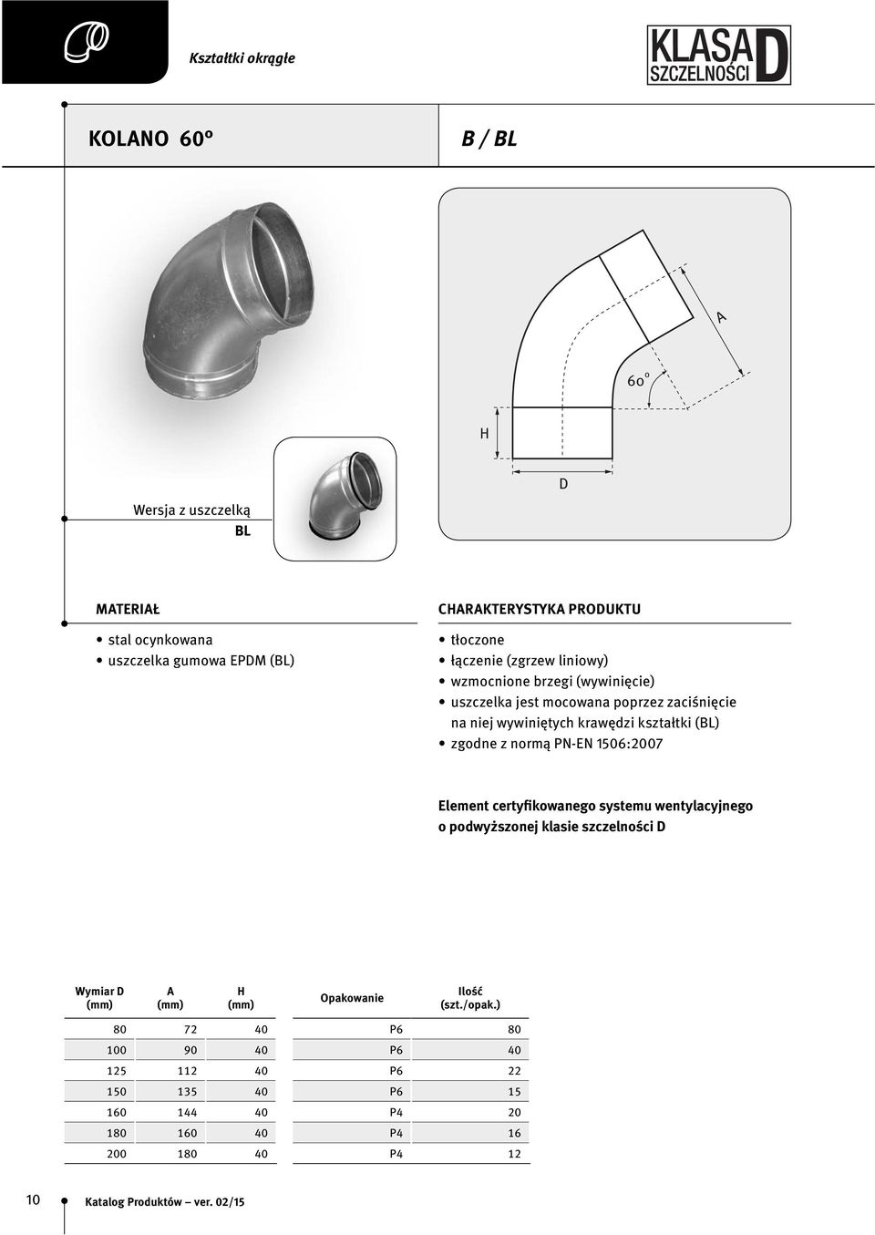 (BL) zgodne z normą PN-EN 1506:2007 Element certyfikowanego systemu wentylacyjnego o podwyższonej klasie szczelności D Wymiar D A H Opakowanie Ilość