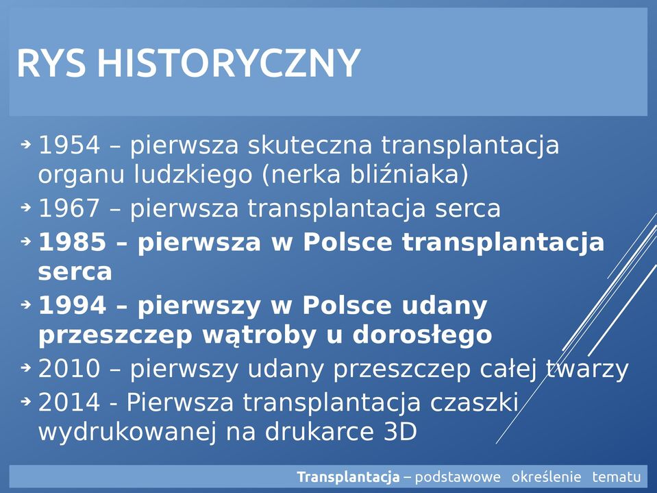 Polsce udany przeszczep wątroby u dorosłego 2010 pierwszy udany przeszczep całej twarzy 2014 -