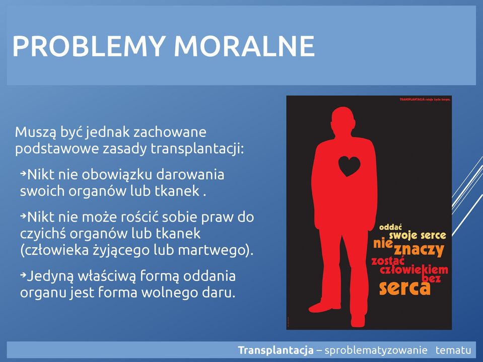 Nikt nie może rościć sobie praw do czyichś organów lub tkanek (człowieka żyjącego