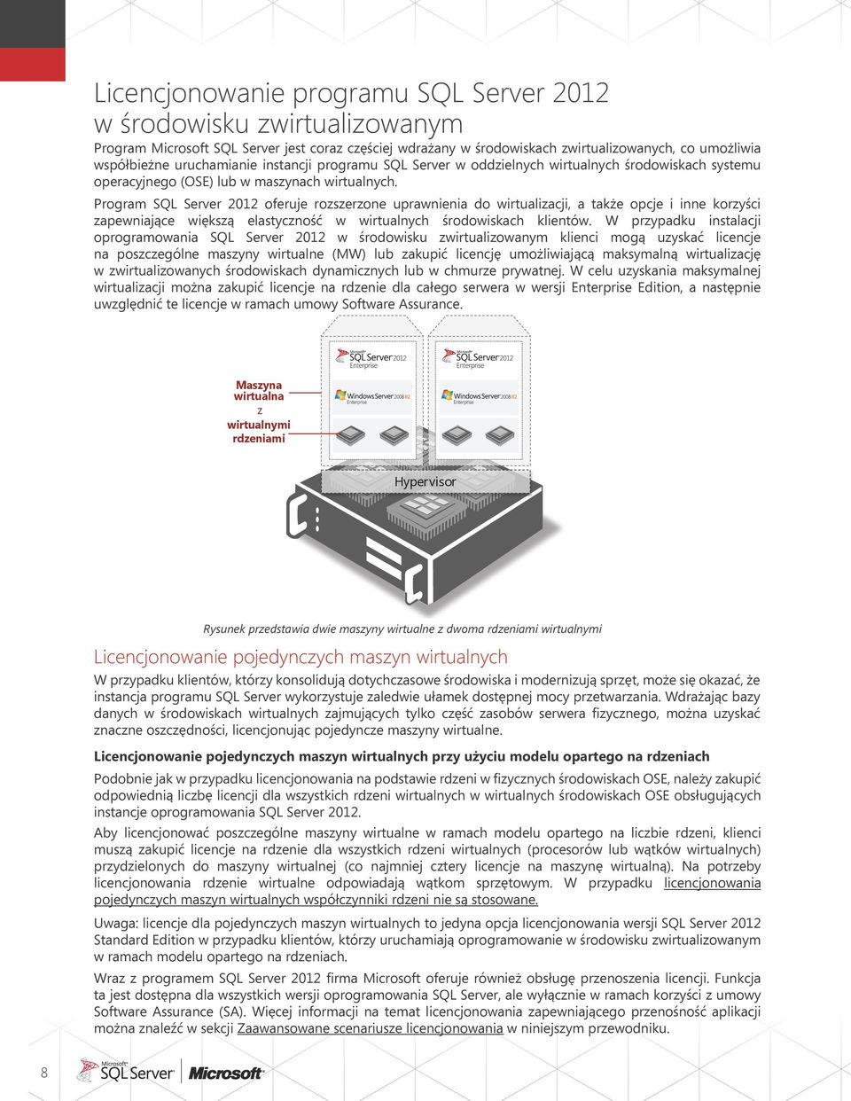 Program SQL Server 2012 oferuje rozszerzone uprawnienia do wirtualizacji, a także opcje i inne korzyści zapewniające większą elastyczność w wirtualnych środowiskach klientów.