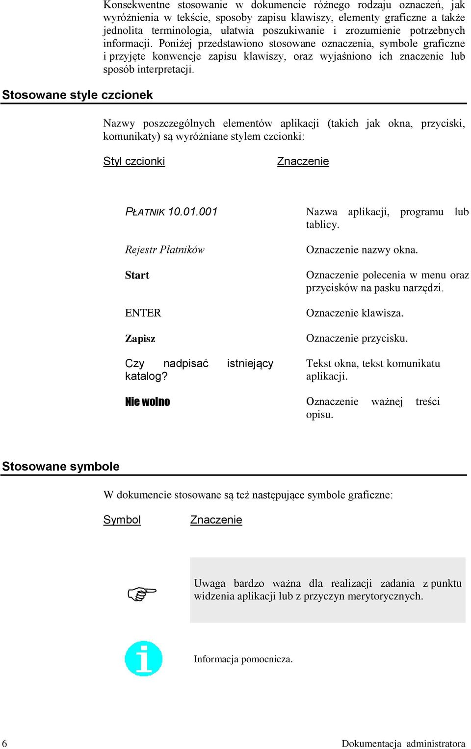 Poniżej przedstawiono stosowane oznaczenia, symbole graficzne i przyjęte konwencje zapisu klawiszy, oraz wyjaśniono ich znaczenie lub sposób interpretacji.