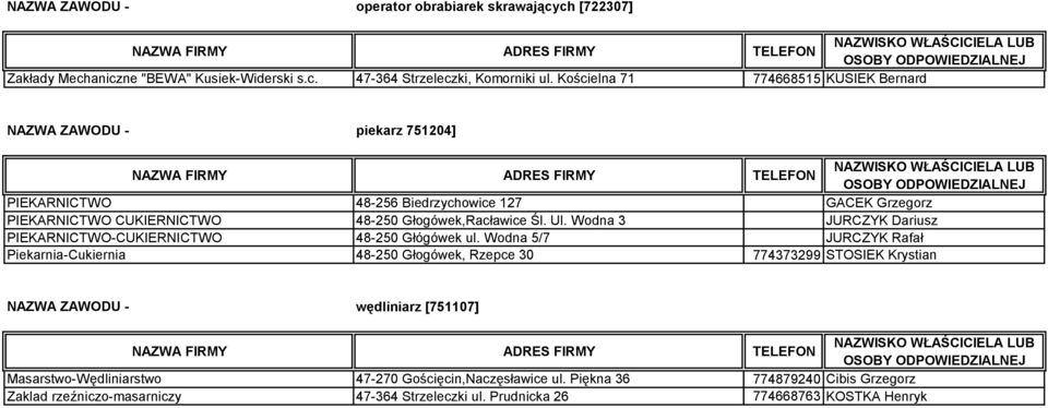 Śl. Ul. Wodna 3 JURCZYK Dariusz PIEKARNICTWO-CUKIERNICTWO 48-250 Głógówek ul.
